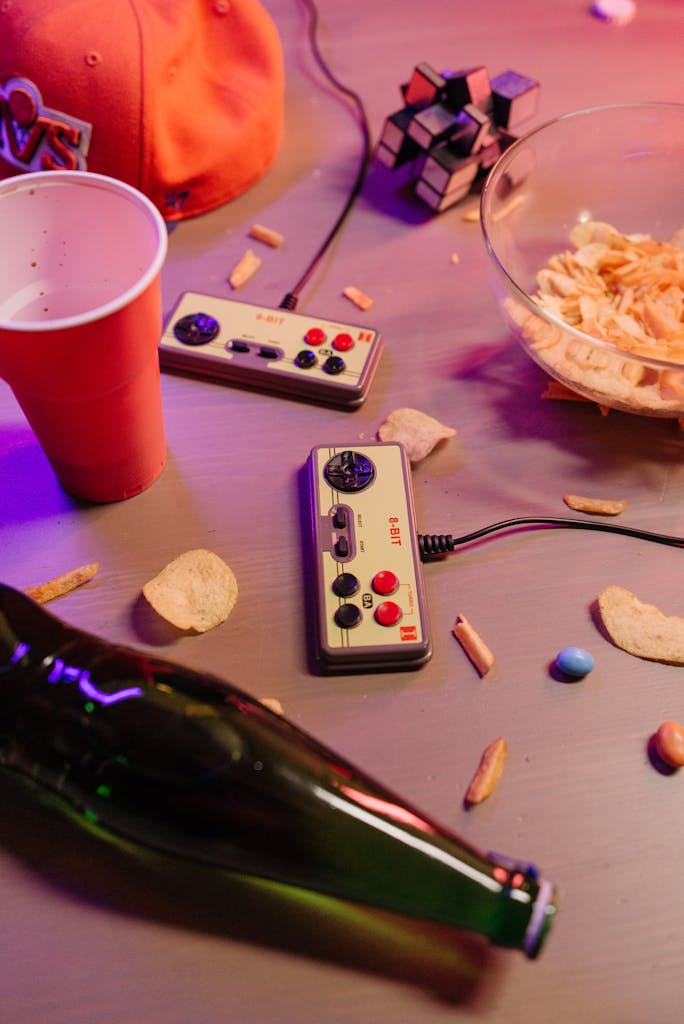 Vintage gaming scene with controllers, snacks, and gadgets creating a nostalgic atmosphere.