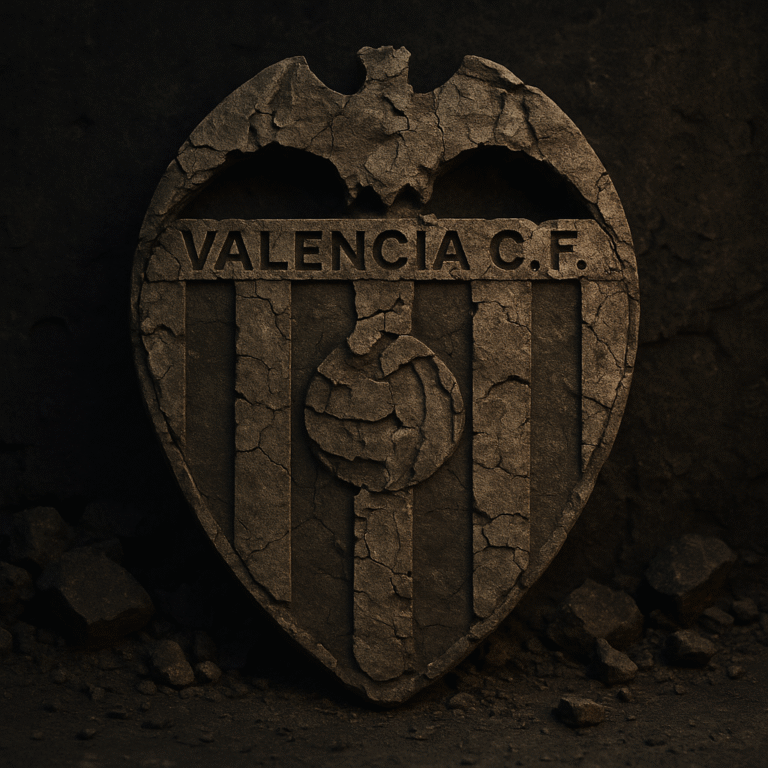Escudo del Valencia CF antiguo y agrietado, tallado en piedra y medio destruido, con el murciélago superior dañado y el fondo oscuro lleno de escombros, simbolizando la decadencia y ruina del club.